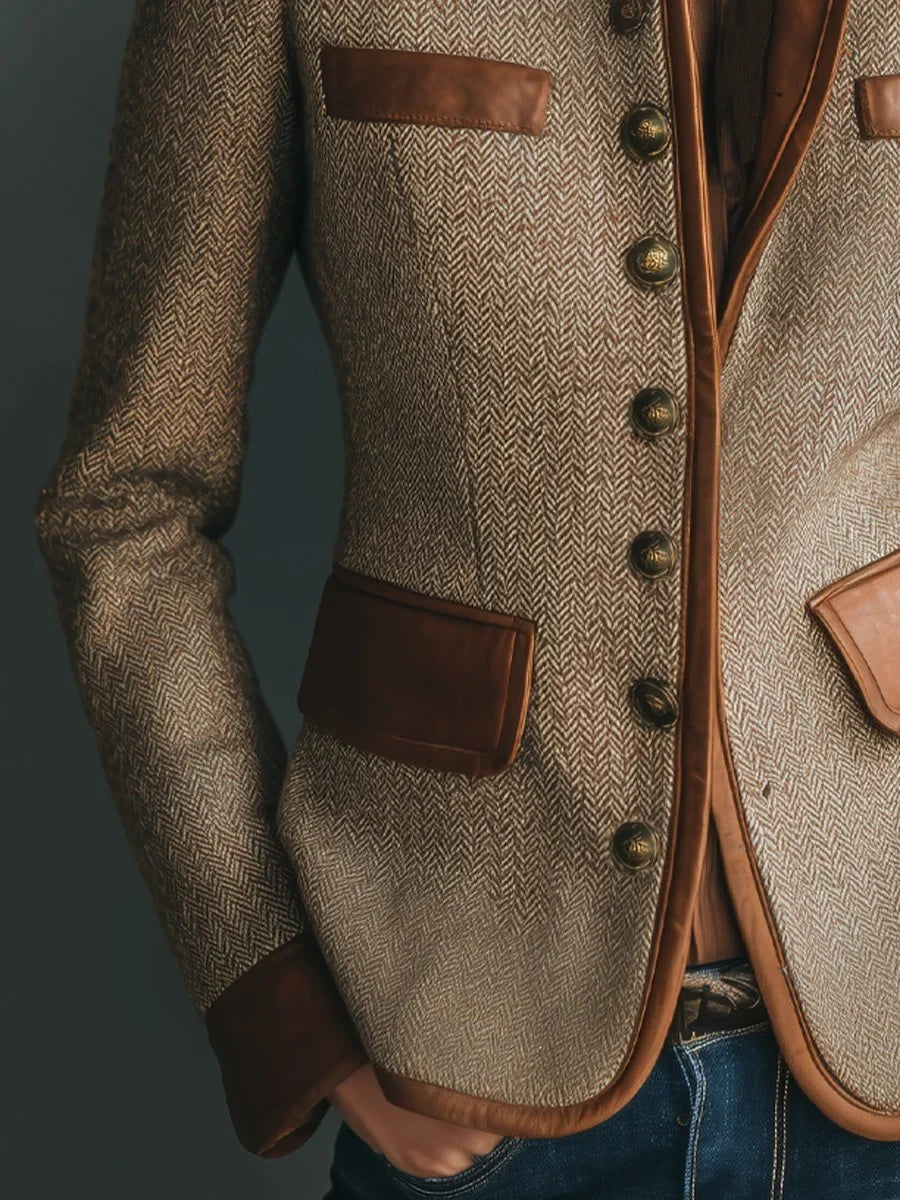 Women's Vintage Herringbone Tweed Jacket with Faux Leather Trim
