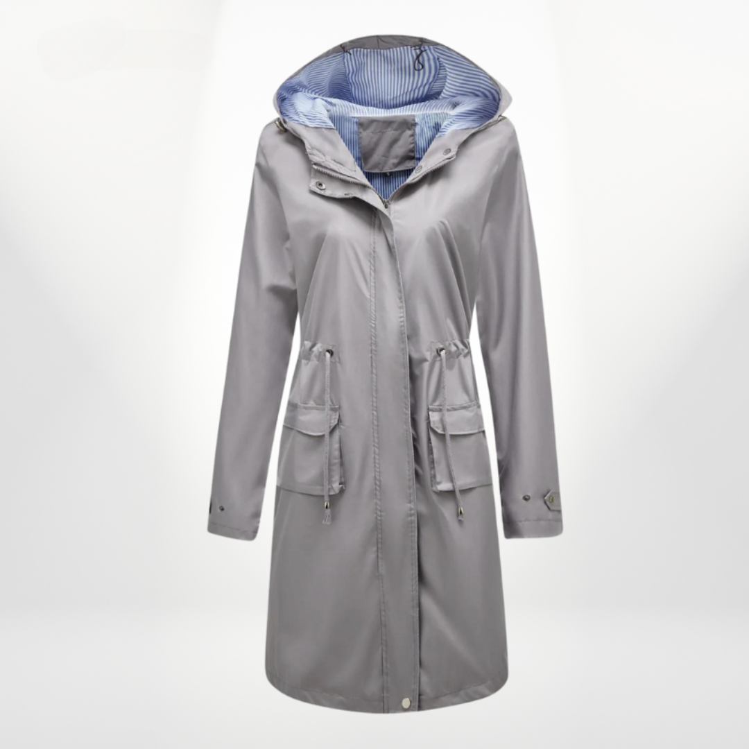 Women's Waterproof Longline Rain Jacket with Hood and Drawstring