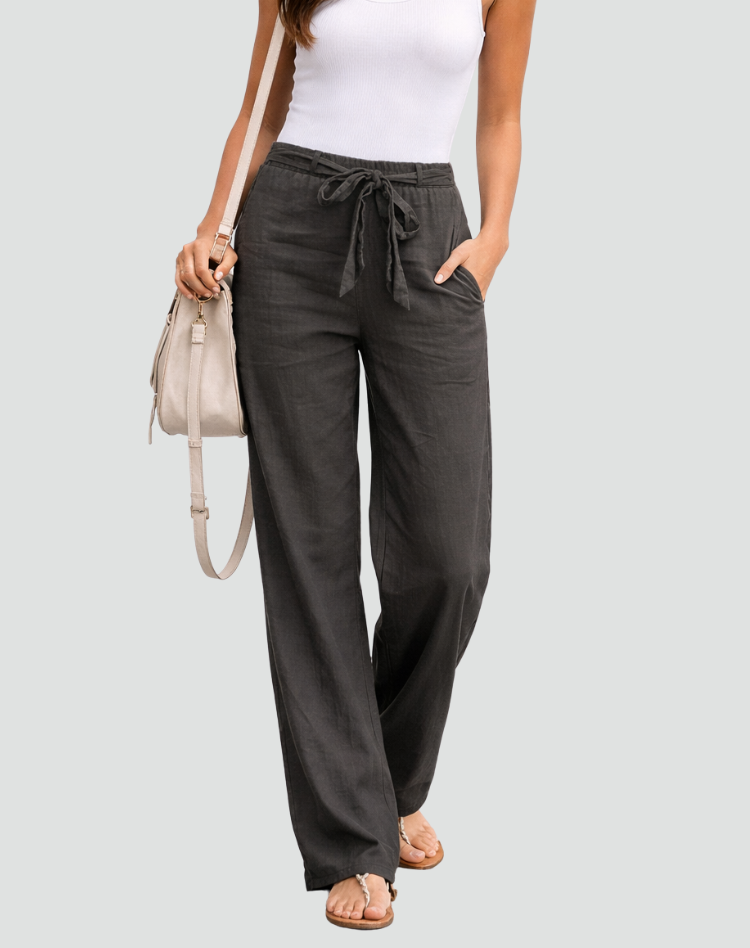 Women's Wide Leg Linen Trousers With Waist Tie