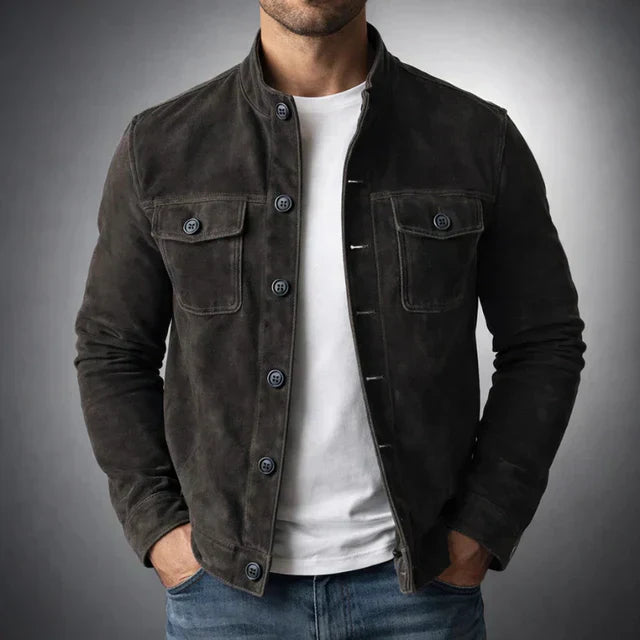 ILYNORA men's black faux suede tailored jacket with stand collar, button fastening and modern slim silhouette