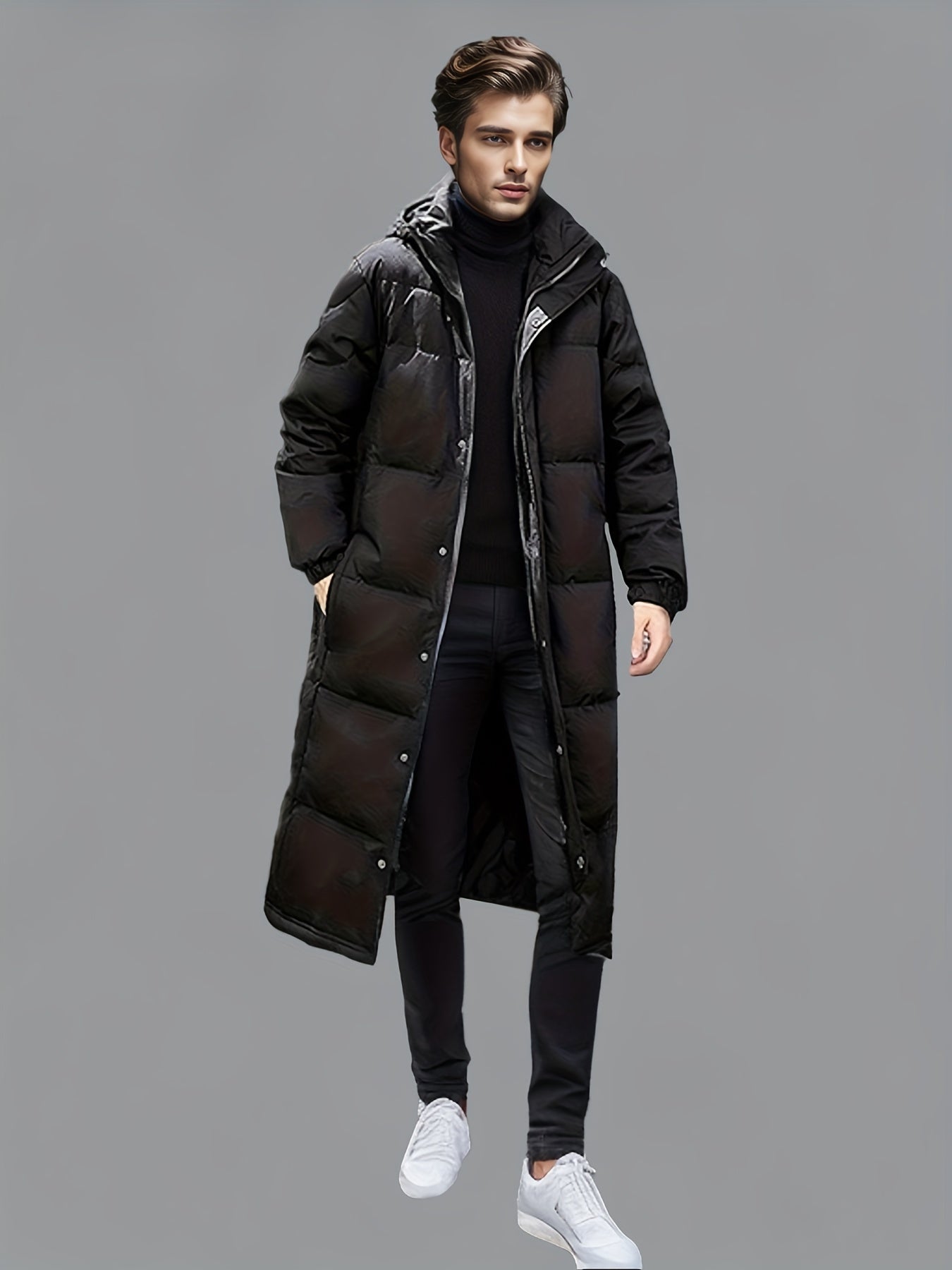 Men’s Long Hooded Puffer Coat with Pockets