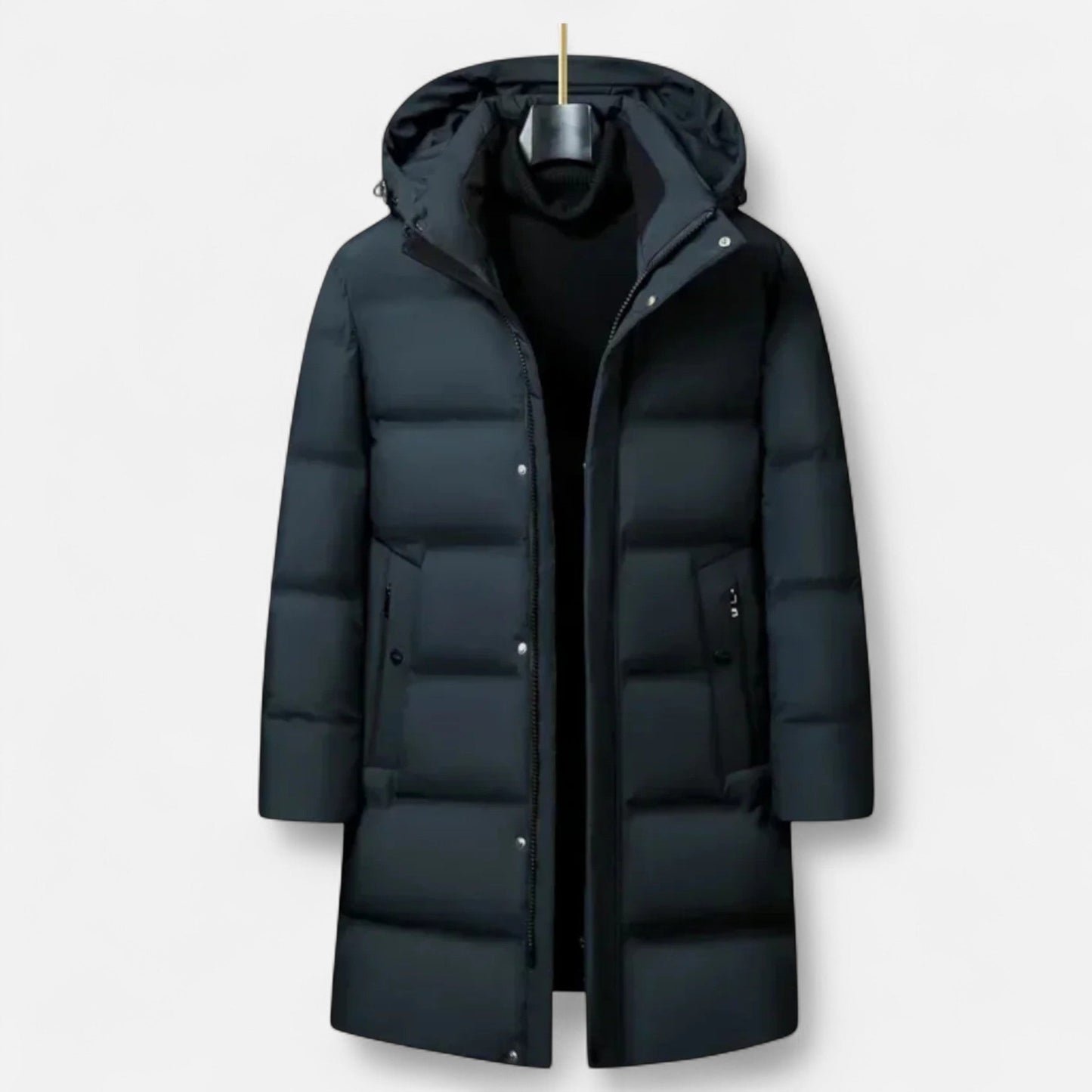 Men’s Long Hooded Puffer Coat with Zip Pockets
