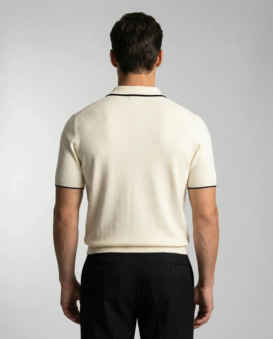 Beige slim fit polo shirt for men by Ilynora, back view with clean silhouette and structured design