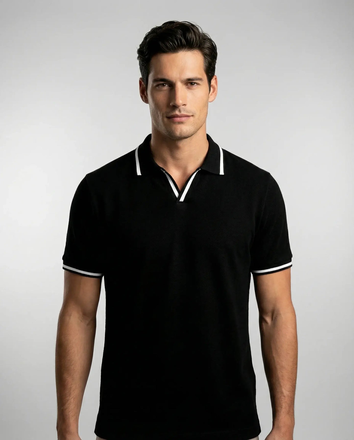 Black slim fit polo shirt for men by Ilynora, front view with fitted silhouette and modern style