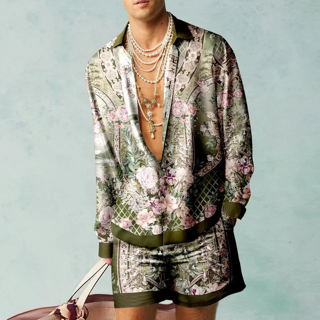 Men's Tropical Print Shirt and Shorts Set