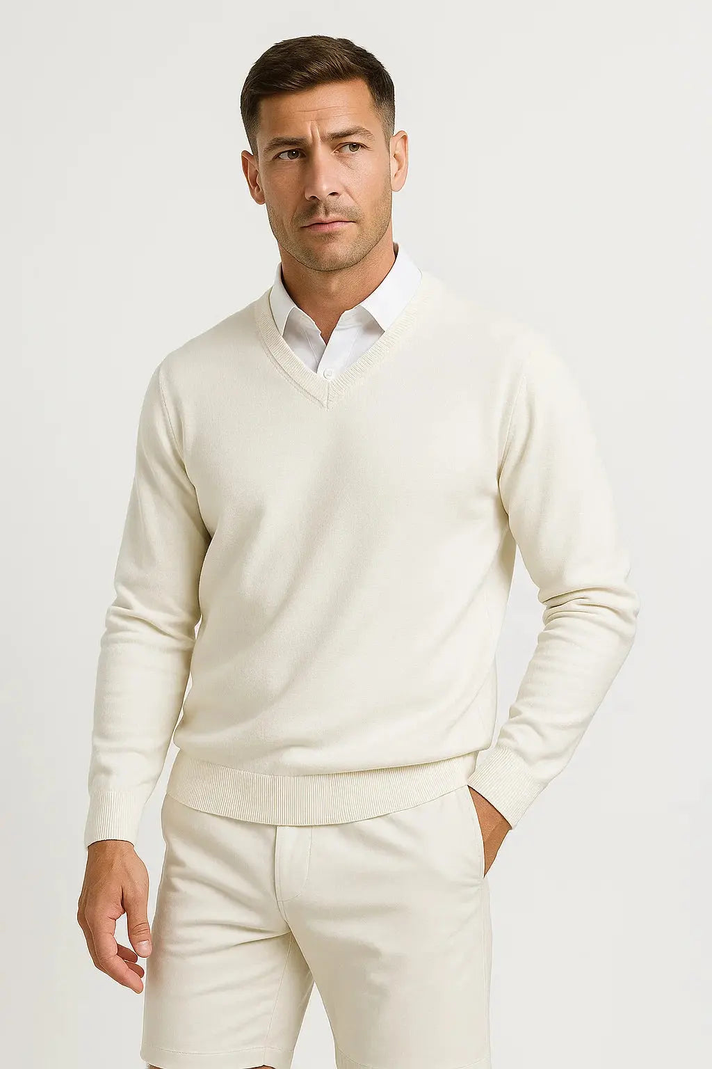 ILYNORA white V-neck slim fit knit sweater front view