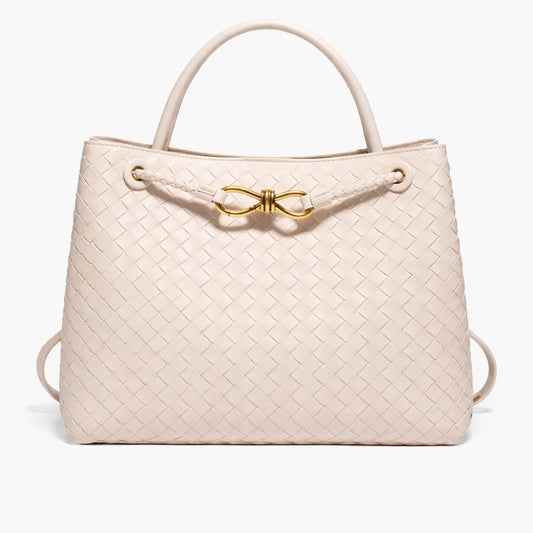 ILYNORA beige woven faux leather tote bag with structured handles and elegant gold-tone hardware
