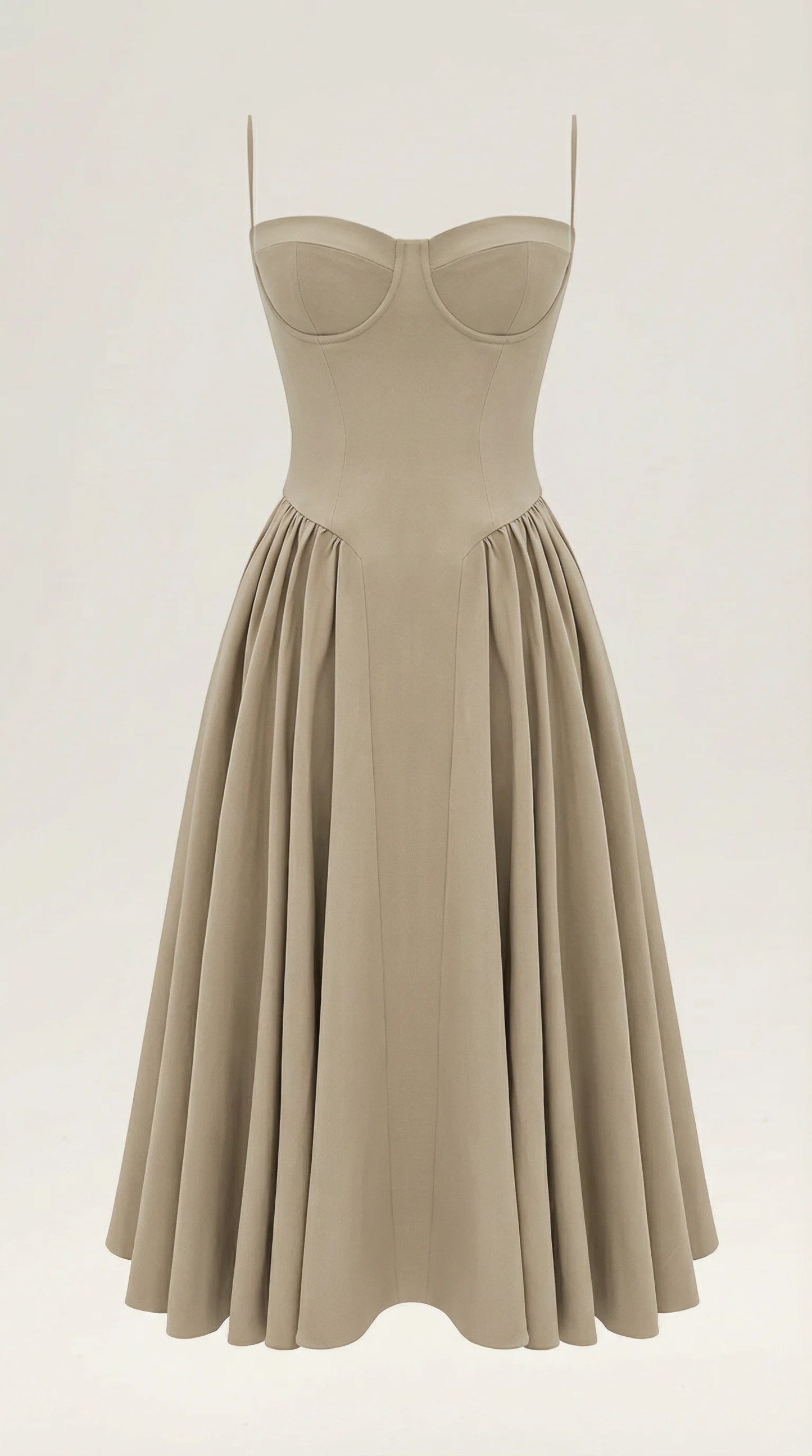 Women's tan corset fit and flare midi dress with timeless tailored silhouette for elegant daytime and evening wear by ILYNORA