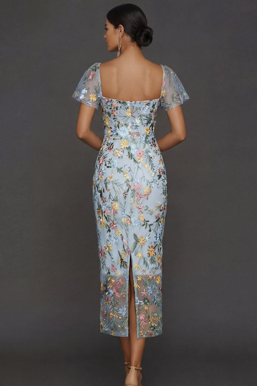 ILYNORA blue floral embroidered tulle midi dress, back view of sheath silhouette