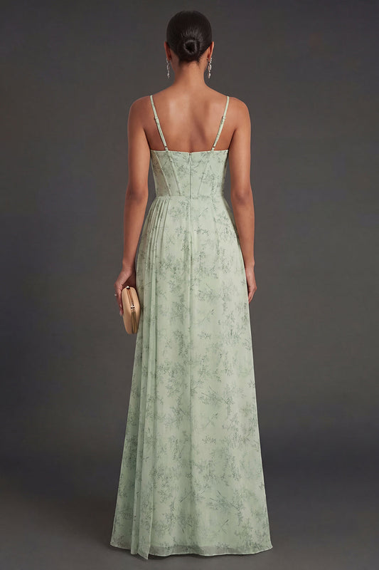 ILYNORA women's dusty sage floral mermaid prom maxi dress on mannequin, front view