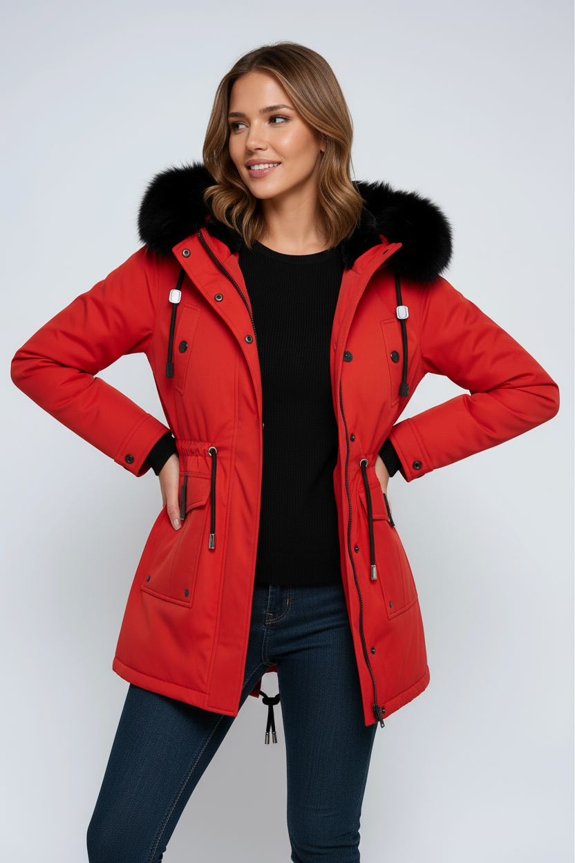 Women’s Fur Hood Parka Coat with Adjustable Waist