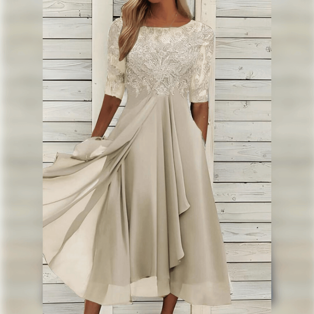 Women's Lace Trim Chiffon Evening Midi Dress