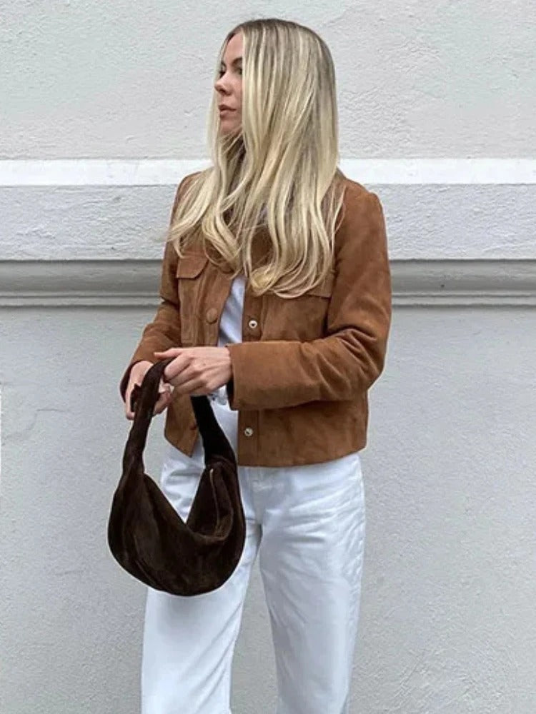 Women’s Suede Button Up Jacket with Chest Pockets