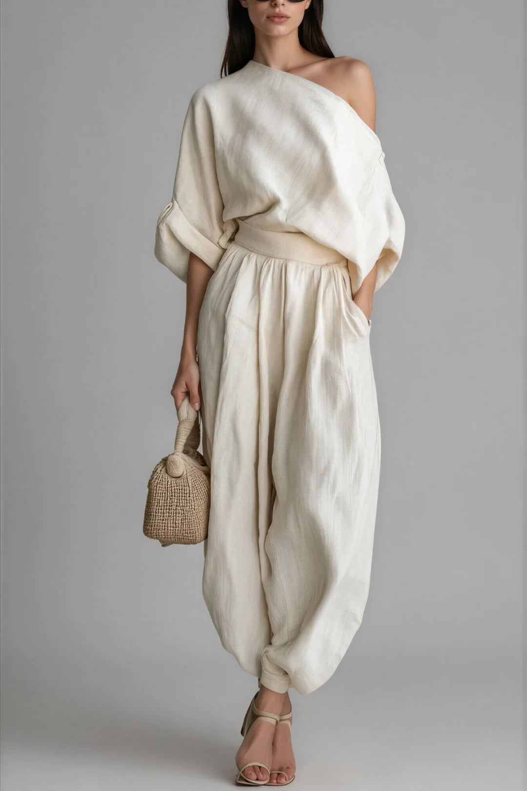 Women's Linen One Shoulder Top & Harem Pants Set