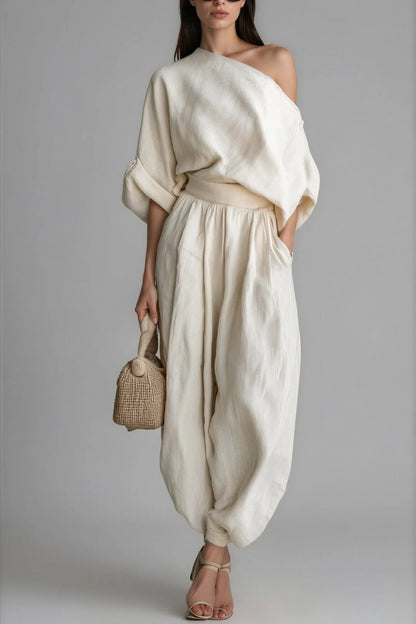 Women's Linen One Shoulder Top & Harem Pants Set