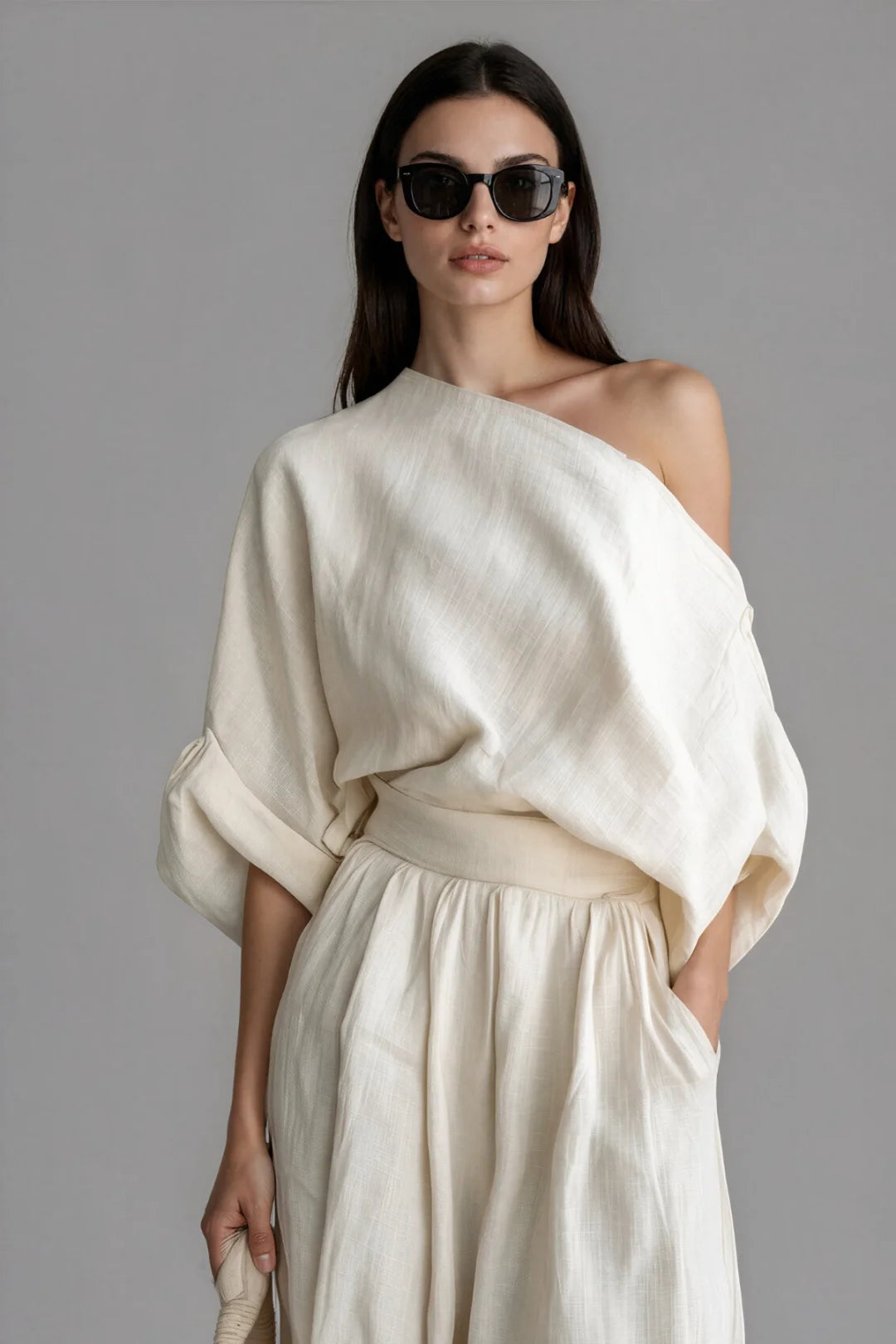 Women's Linen One Shoulder Top & Harem Pants Set