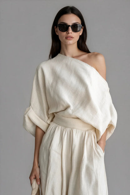 Women's Linen One Shoulder Top & Harem Pants Set