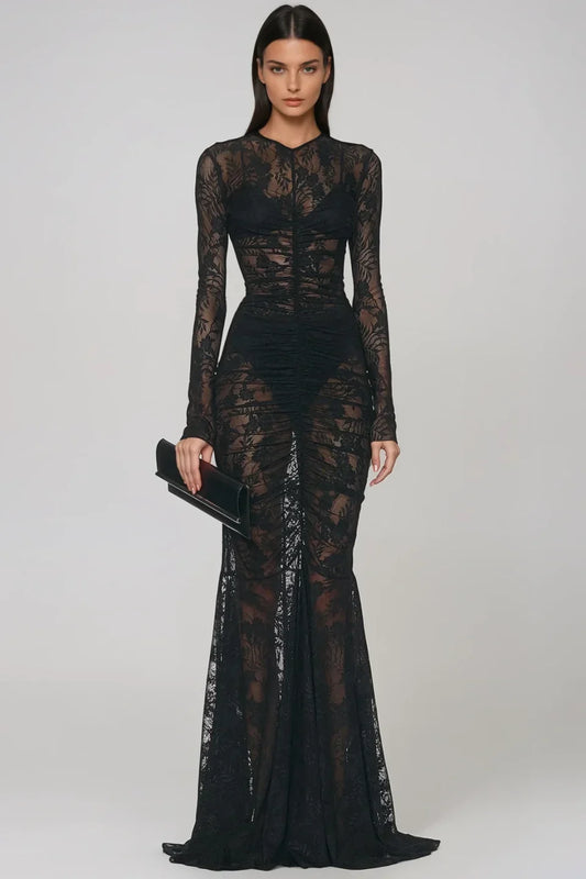 Women's Long Sleeve Lace Sculpt Maxi Dress