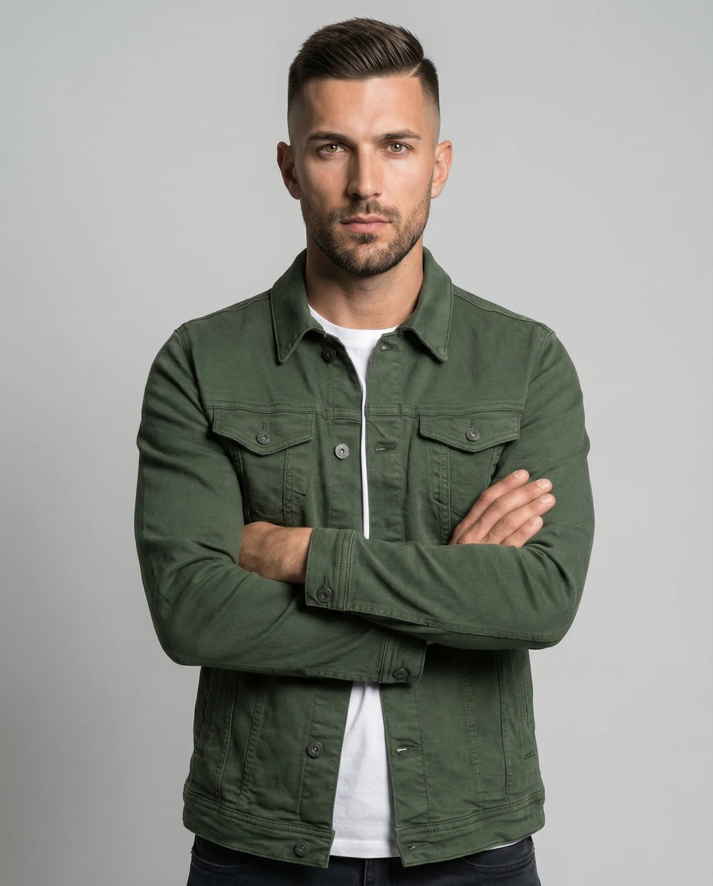 Army green classic trucker denim jacket for men by Ilynora, front view with button closure and chest pockets