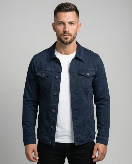 Marine blue classic trucker denim jacket for men by Ilynora, front view with button closure and chest pockets