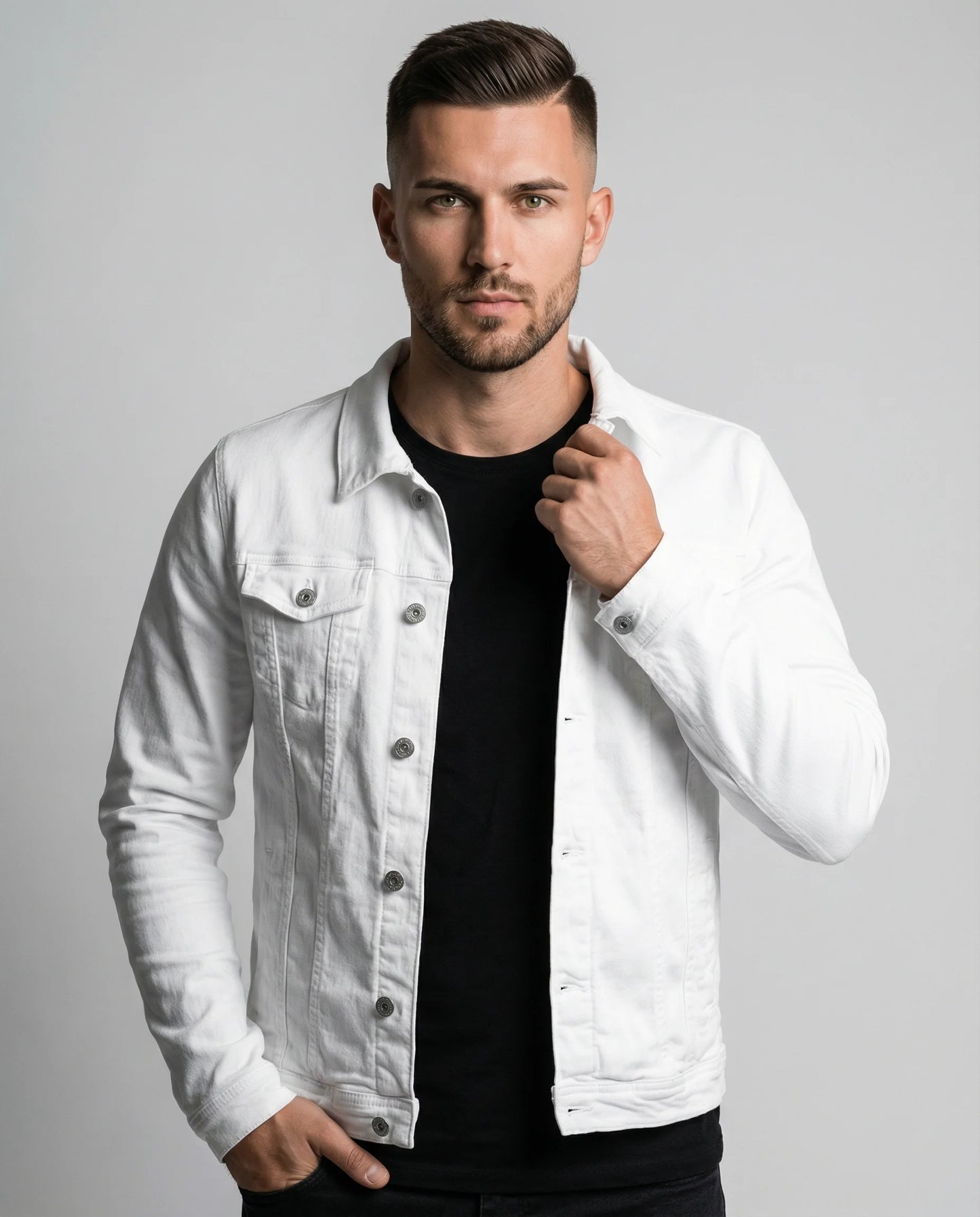 White classic trucker denim jacket for men by Ilynora, front view with button closure and chest pockets