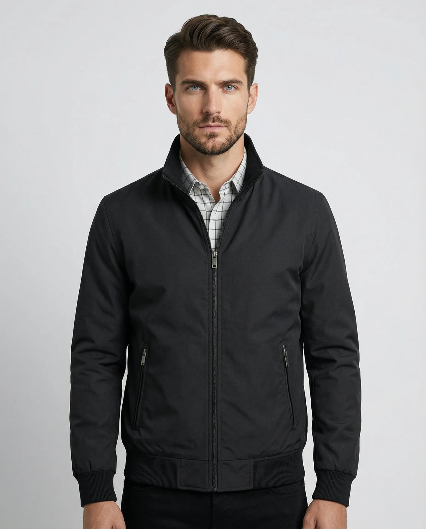 Black lightweight Harrington jacket for men by Ilynora, zip front design with clean modern fit