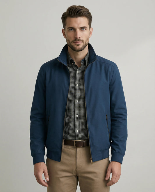Blue lightweight Harrington jacket for men by Ilynora, zip front design with clean modern fit
