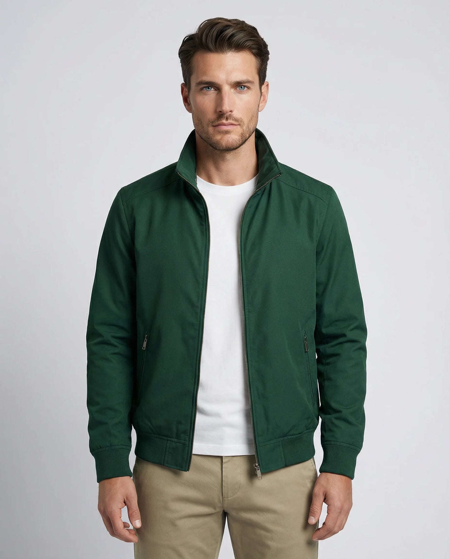 Green lightweight Harrington jacket for men by Ilynora, zip front design with clean modern fit