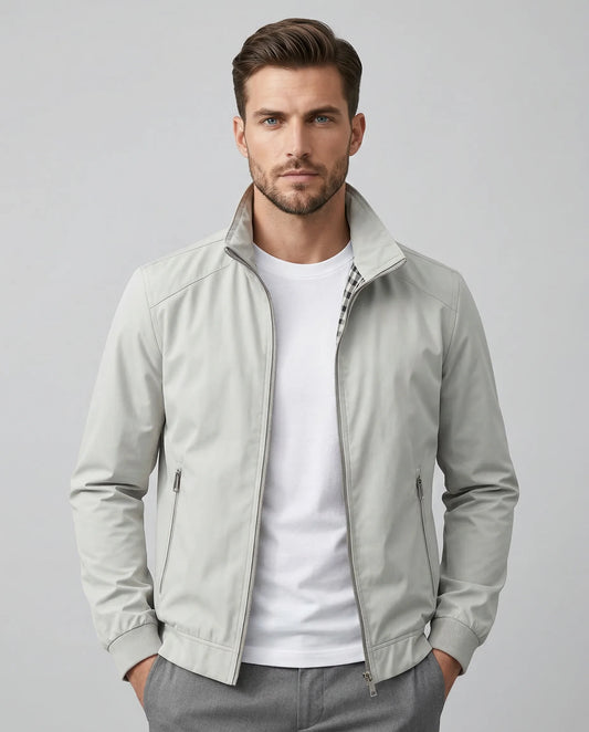 Grey lightweight Harrington jacket for men by Ilynora, zip front design with clean modern fit