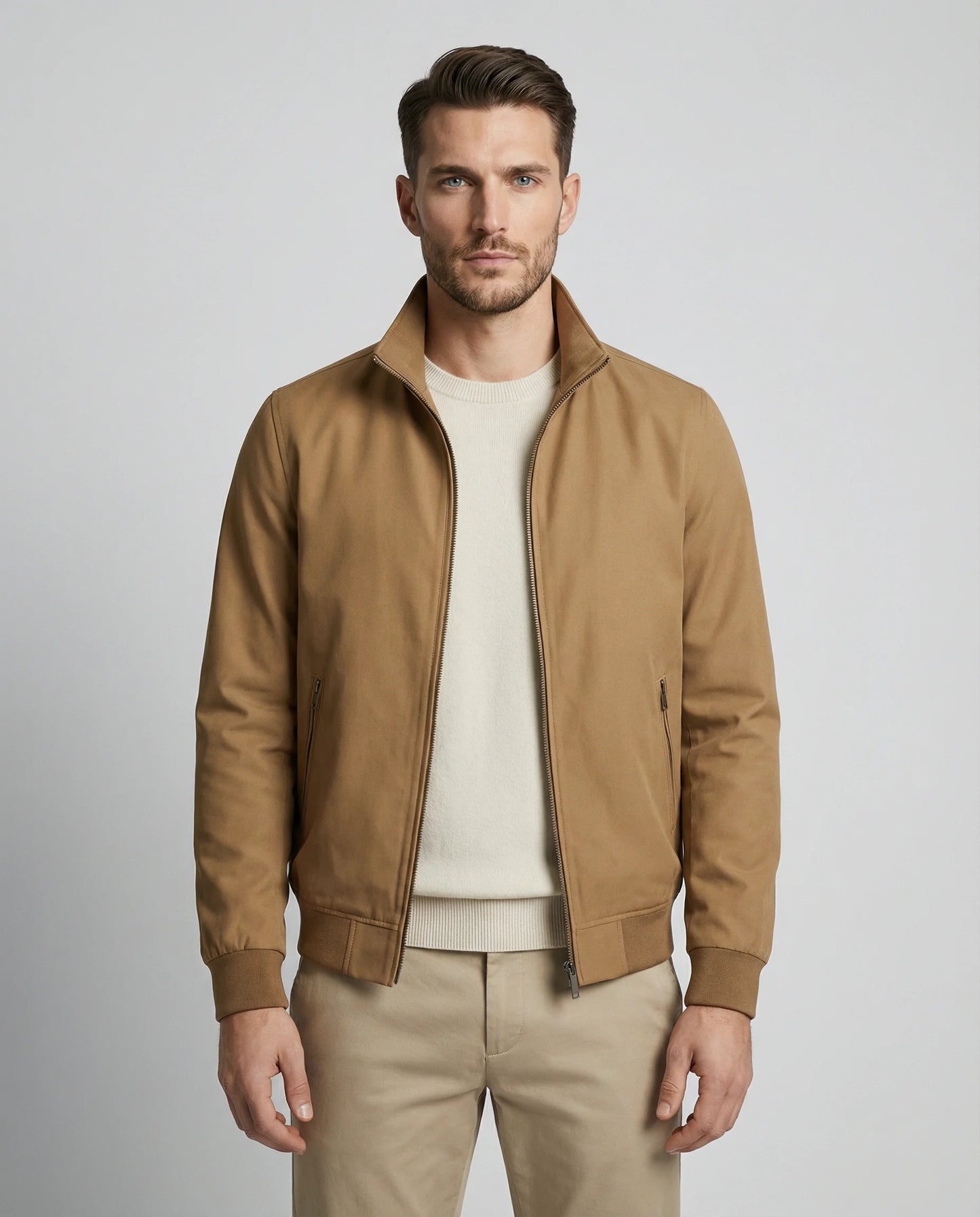 Khaki lightweight Harrington jacket for men by Ilynora, zip front design with clean modern fit