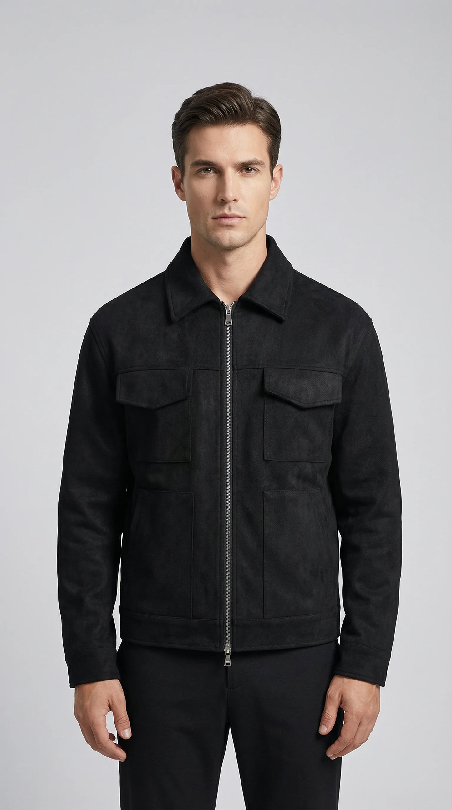 Black oversized suede windbreaker jacket for men by Ilynora, front view with zip closure and relaxed fit