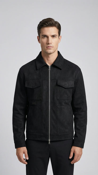 Black oversized suede windbreaker jacket for men by Ilynora, front view with zip closure and relaxed fit