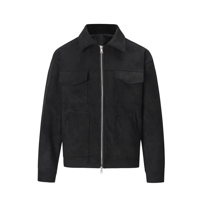 Black oversized suede windbreaker jacket for men by Ilynora, product-only front view with zip closure and utility pockets