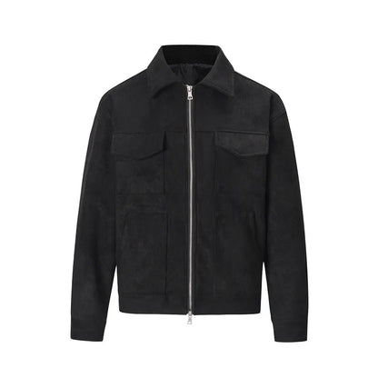 Black oversized suede windbreaker jacket for men by Ilynora, product-only front view with zip closure and utility pockets