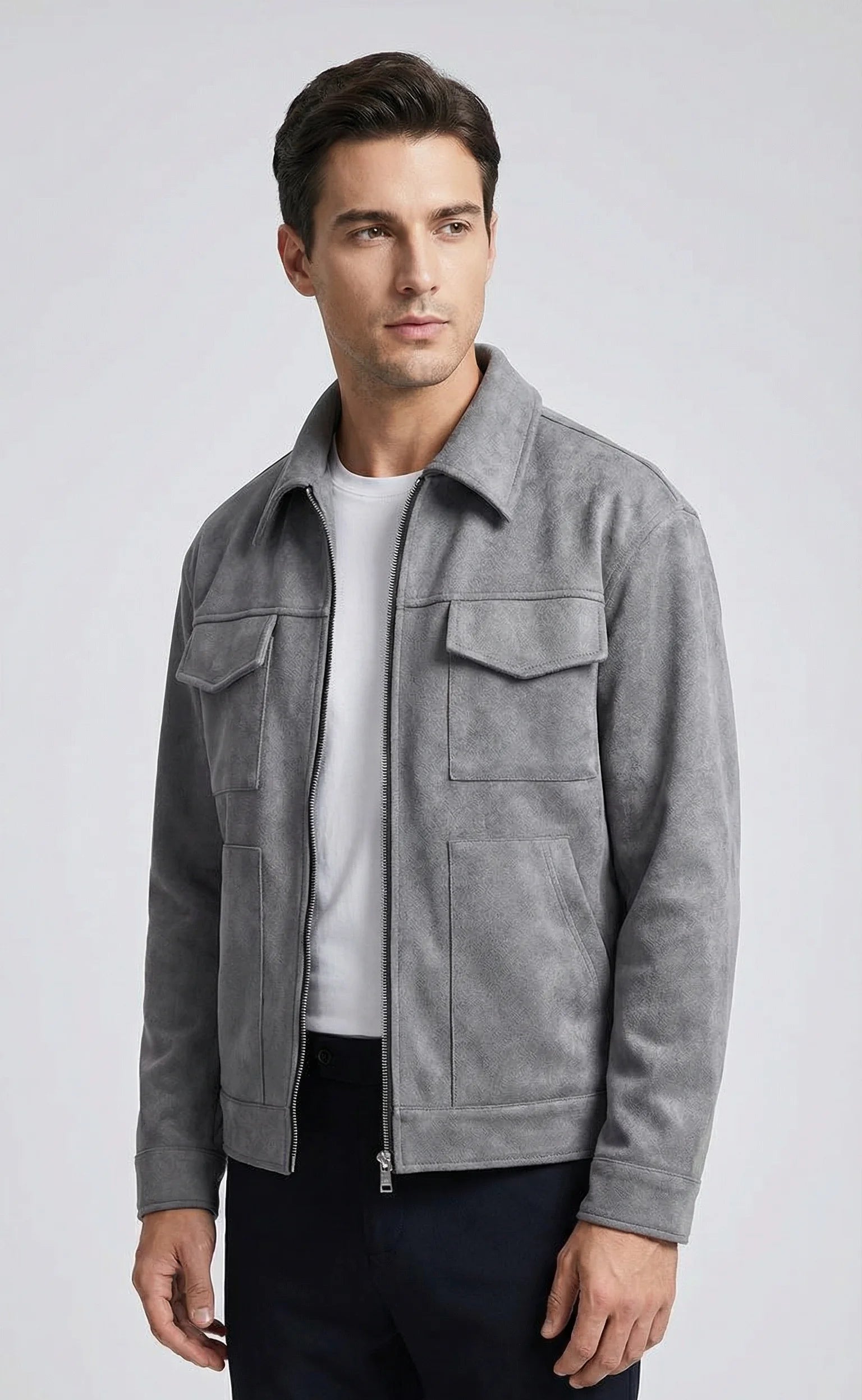 Grey oversized suede windbreaker jacket for men by Ilynora, angled front view with relaxed fit and zip closure