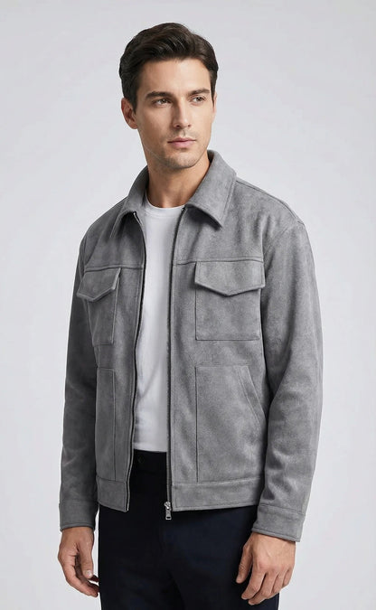 Grey oversized suede windbreaker jacket for men by Ilynora, angled front view with relaxed fit and zip closure