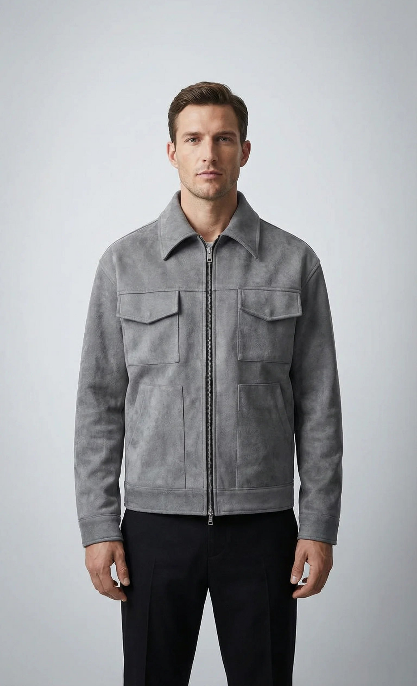Grey oversized suede windbreaker jacket for men by Ilynora, front view with zip closure and relaxed modern fit