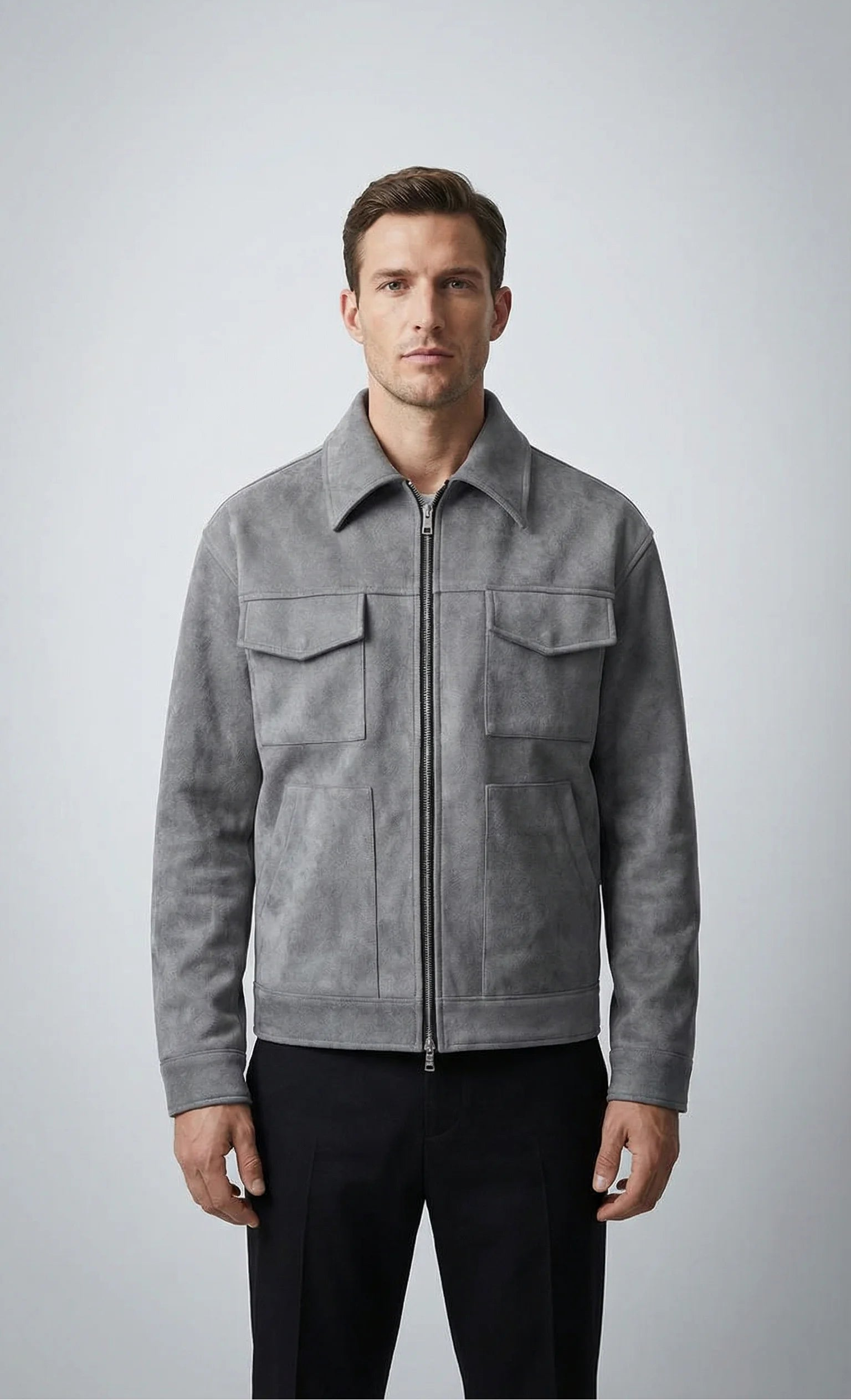 Grey oversized suede windbreaker jacket for men by Ilynora, front view with zip closure and relaxed modern fit