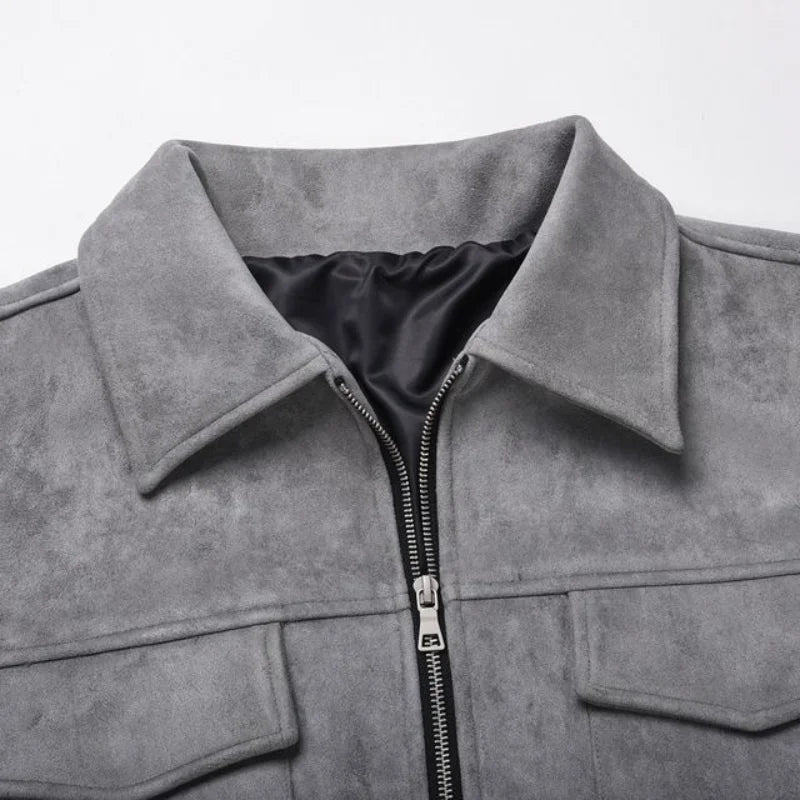 Grey oversized suede windbreaker jacket for men by Ilynora, close-up detail of collar, zipper and texture