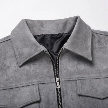 Grey oversized suede windbreaker jacket for men by Ilynora, close-up detail of collar, zipper and texture