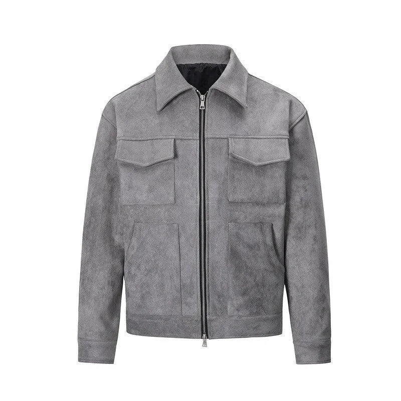 Grey oversized suede windbreaker jacket for men by Ilynora, product-only front view with zip closure and utility pockets