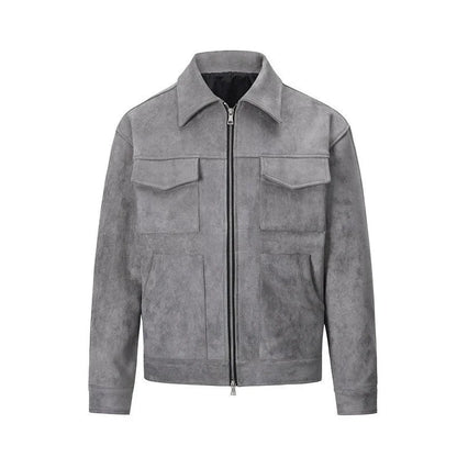 Grey oversized suede windbreaker jacket for men by Ilynora, product-only front view with zip closure and utility pockets
