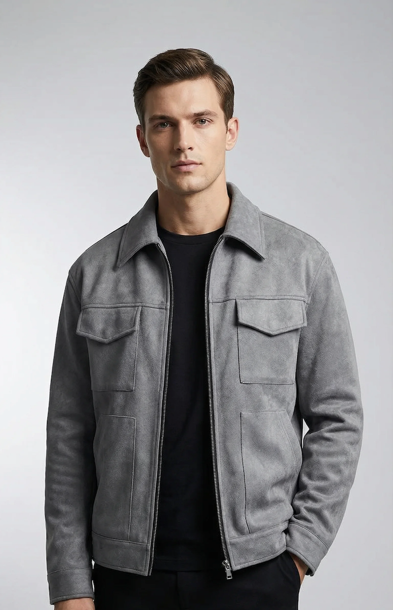Grey oversized suede windbreaker jacket for men by Ilynora, front view with zip closure and relaxed fit