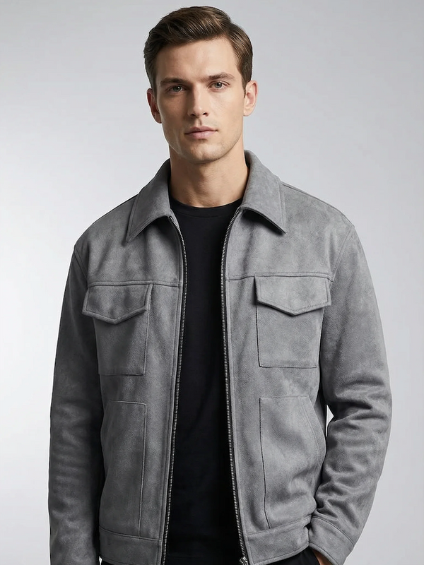 Grey oversized suede windbreaker jacket for men by Ilynora, front view with zip closure and relaxed fit