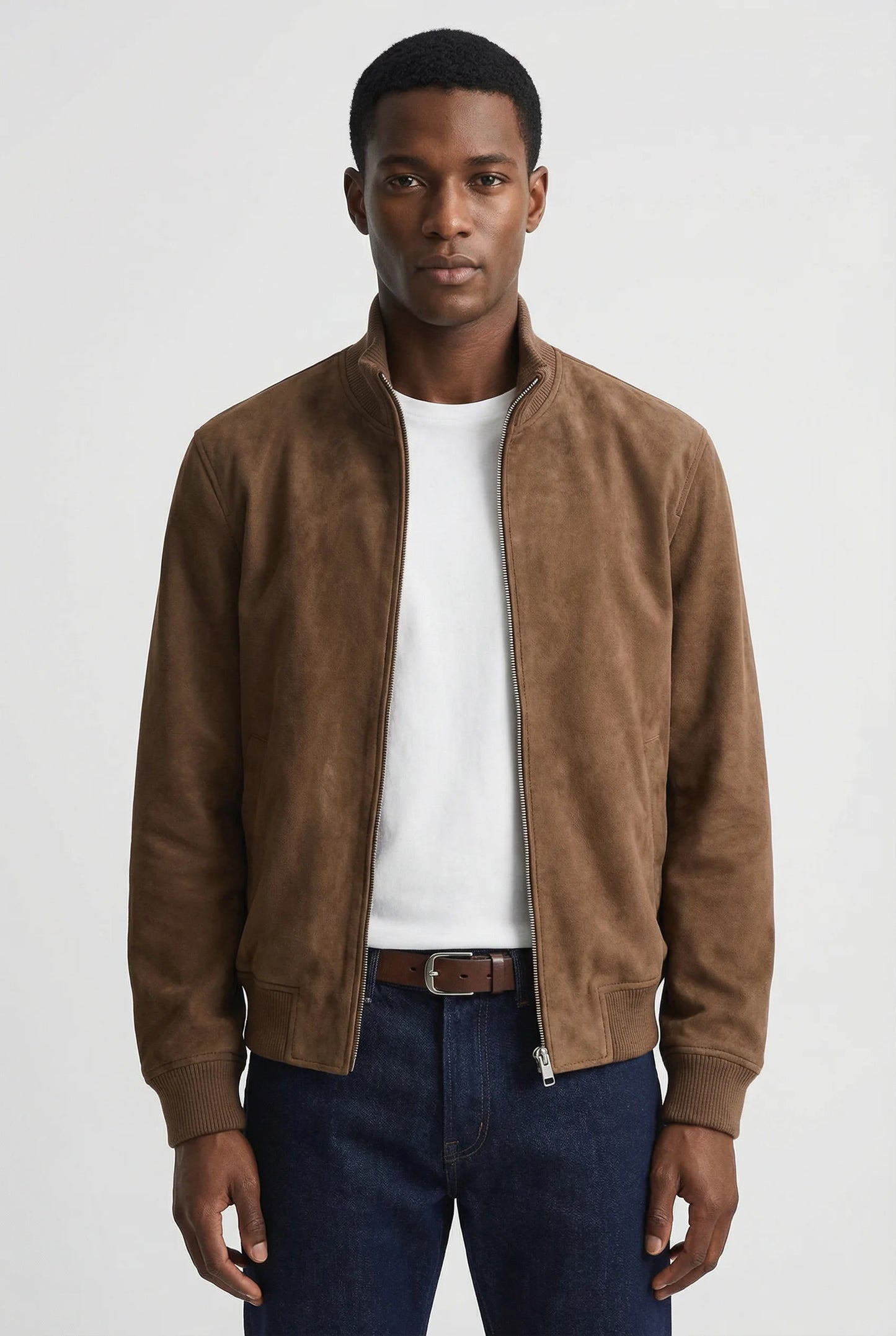 Brown slim fit suede jacket for men by Ilynora, front view with zip closure and clean modern fit