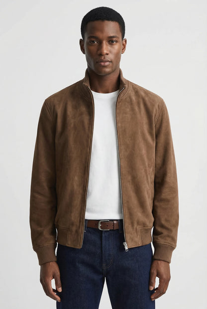 Brown slim fit suede jacket for men by Ilynora, front view with zip closure and clean modern fit