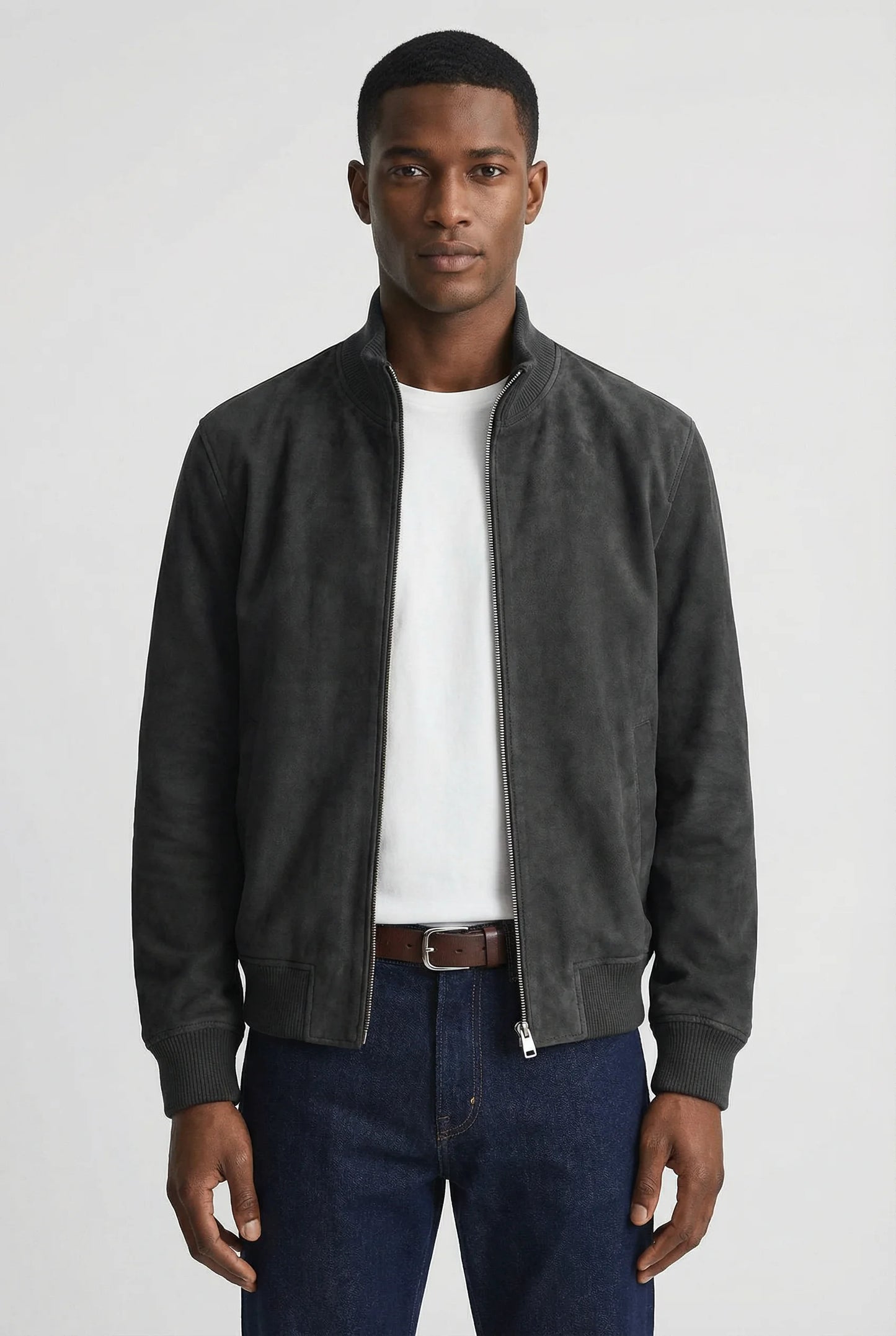 Grey slim fit suede jacket for men by Ilynora, front view with zip closure and clean modern silhouette