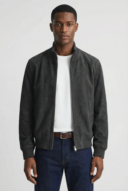 Grey slim fit suede jacket for men by Ilynora, front view with zip closure and clean modern silhouette