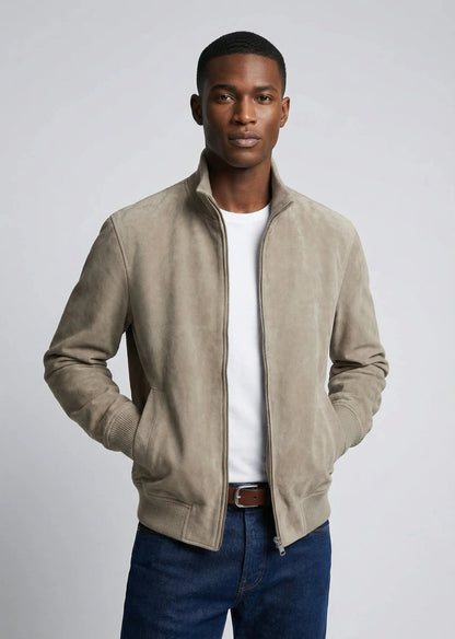 Khaki slim fit suede jacket for men by Ilynora, front view with clean modern silhouette and zip-up design