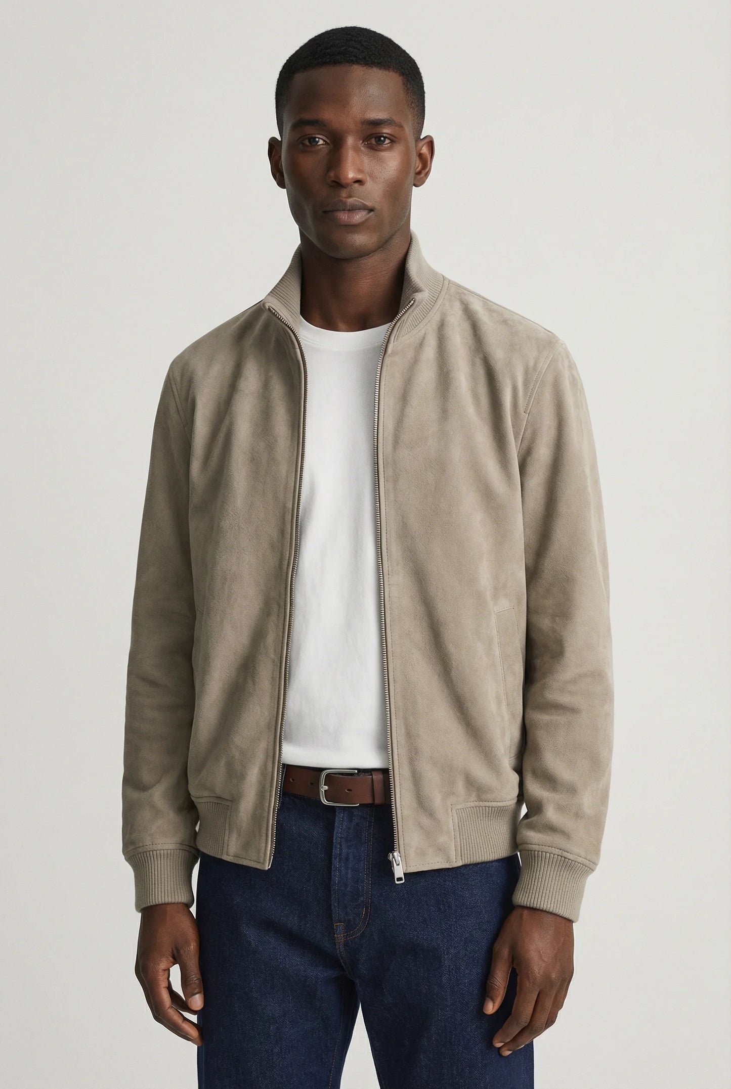 Khaki slim fit suede jacket for men by Ilynora, front view with zip closure and clean minimal design